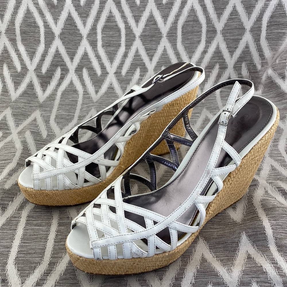 Calvin Klein Espadrilles White Leather Straps with Straw Platform Open Toe 9